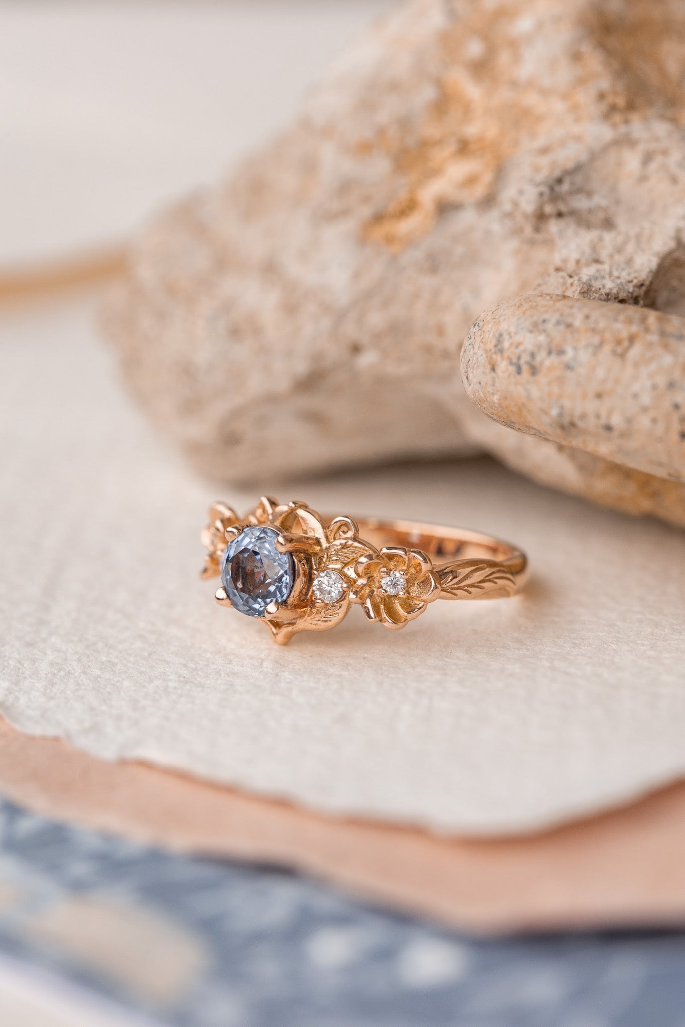 Natural sapphire and diamonds engagement ring, gold flower proposal ring / Adelina - Eden Garden Jewelry™