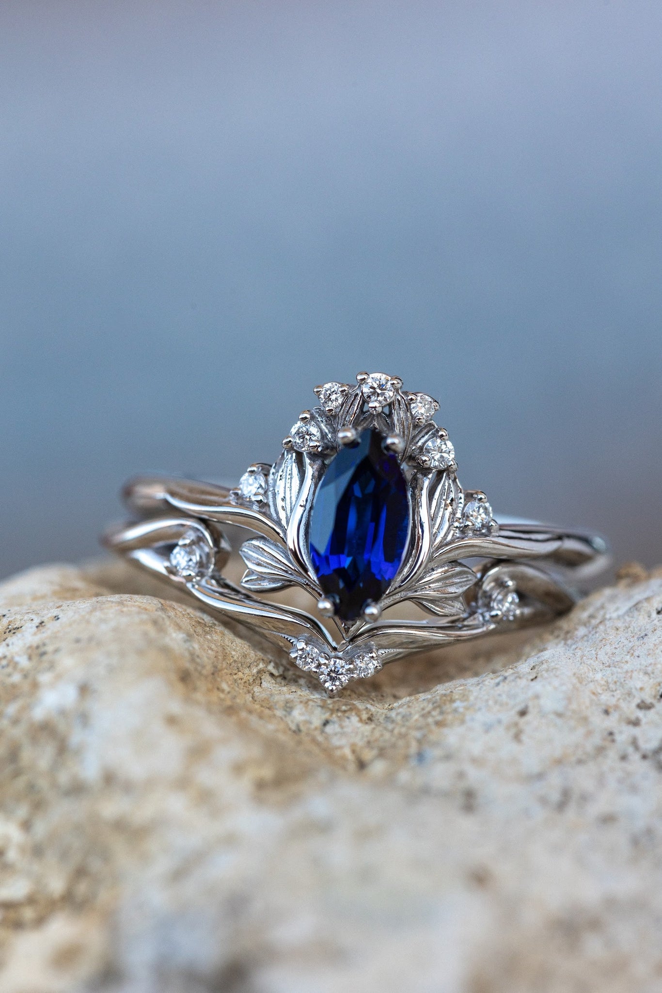 Lab blue sapphire engagement ring, iris flower gold ring with sapphire and diamonds / Iris - Eden Garden Jewelry™