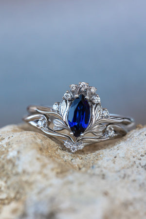 Lab blue sapphire engagement ring, iris flower gold ring with sapphire and diamonds / Iris - Eden Garden Jewelry™