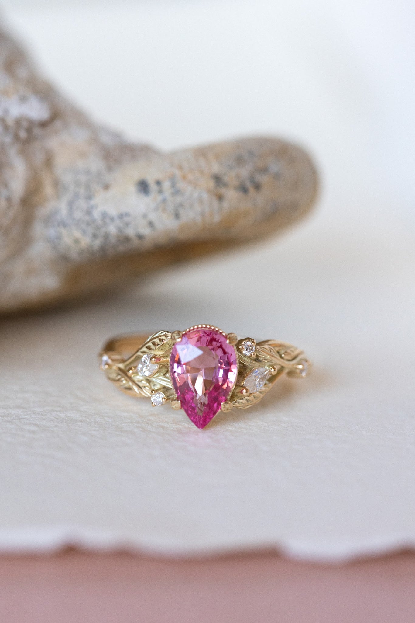 Natural pink spinel engagement ring, gold nature inspired engagement ring with leaves and diamonds / Patricia - Eden Garden Jewelry™