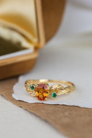 Genuine orange sapphire and natural emeralds branch engagement ring / Arius - Eden Garden Jewelry™