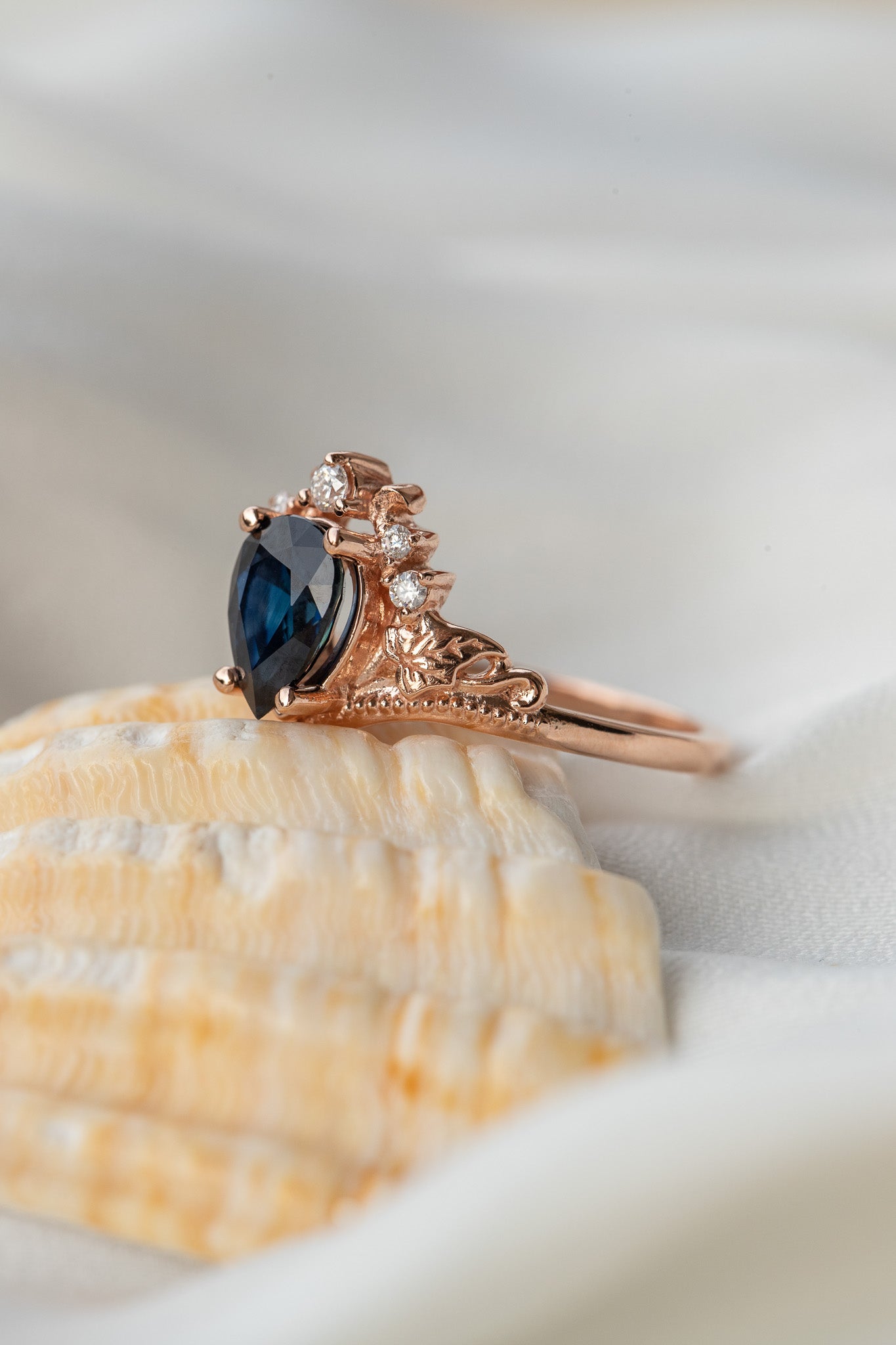 READY TO SHIP: Ariadne engagement ring, pear cut natural blue sapphire, accents moissanites, 14K rose gold, AVAILABLE RING SIZES: 5 - 8 US