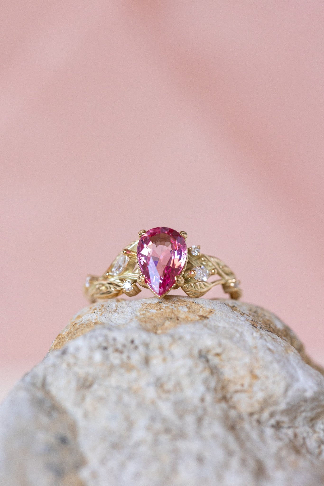 Natural pink spinel engagement ring, gold nature inspired engagement ring with leaves and diamonds / Patricia - Eden Garden Jewelry™