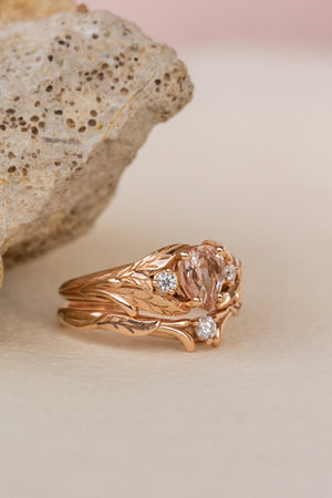 Natural rose morganite and side diamonds rose gold bridal ring set / Wisteria - Eden Garden Jewelry™