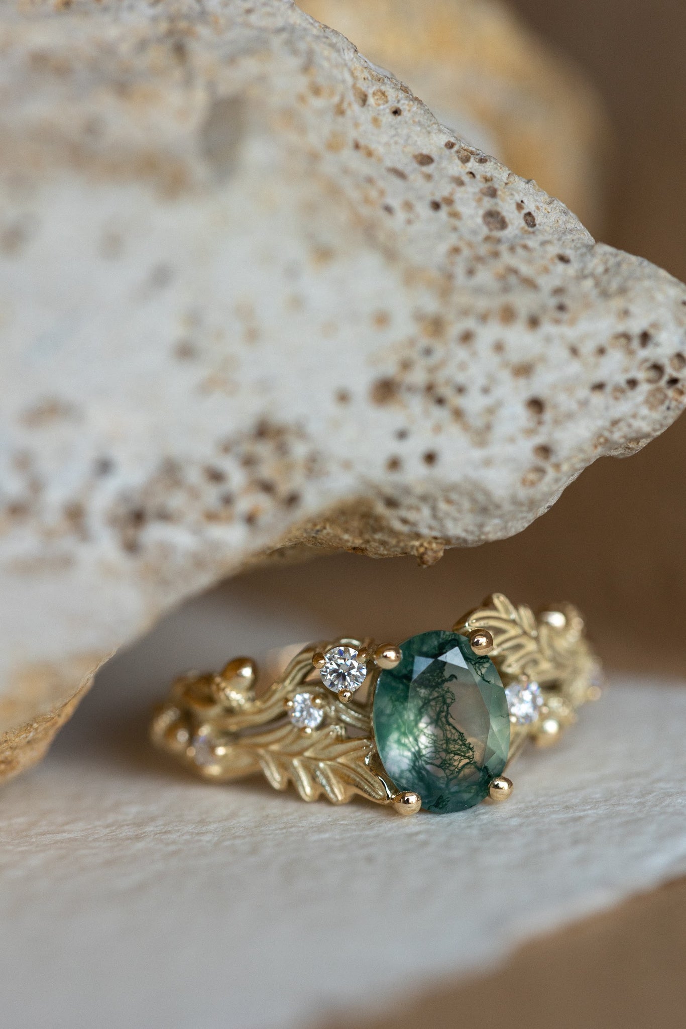 Moss agate engagement ring, gold oak leaves and diamonds proposal ring / Silviya - Eden Garden Jewelry™