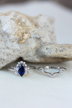 Flower design engagement ring set with lab sapphire, marquise cut gemstone bridal ring set / Iris - Eden Garden Jewelry™