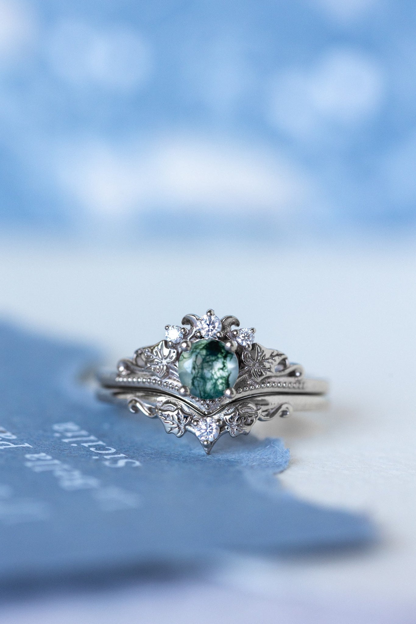 READY TO SHIP: Ariadne bridal ring set in 14K or 18K white gold, natural moss agate 5 mm, accents moissanites, AVAILABLE RING SIZES: 6-11US - Eden Garden Jewelry™