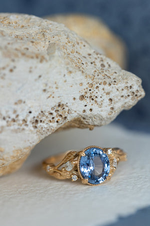 Natural blue sapphire engagement ring, gold leaves and diamonds promise ring / Patricia - Eden Garden Jewelry™