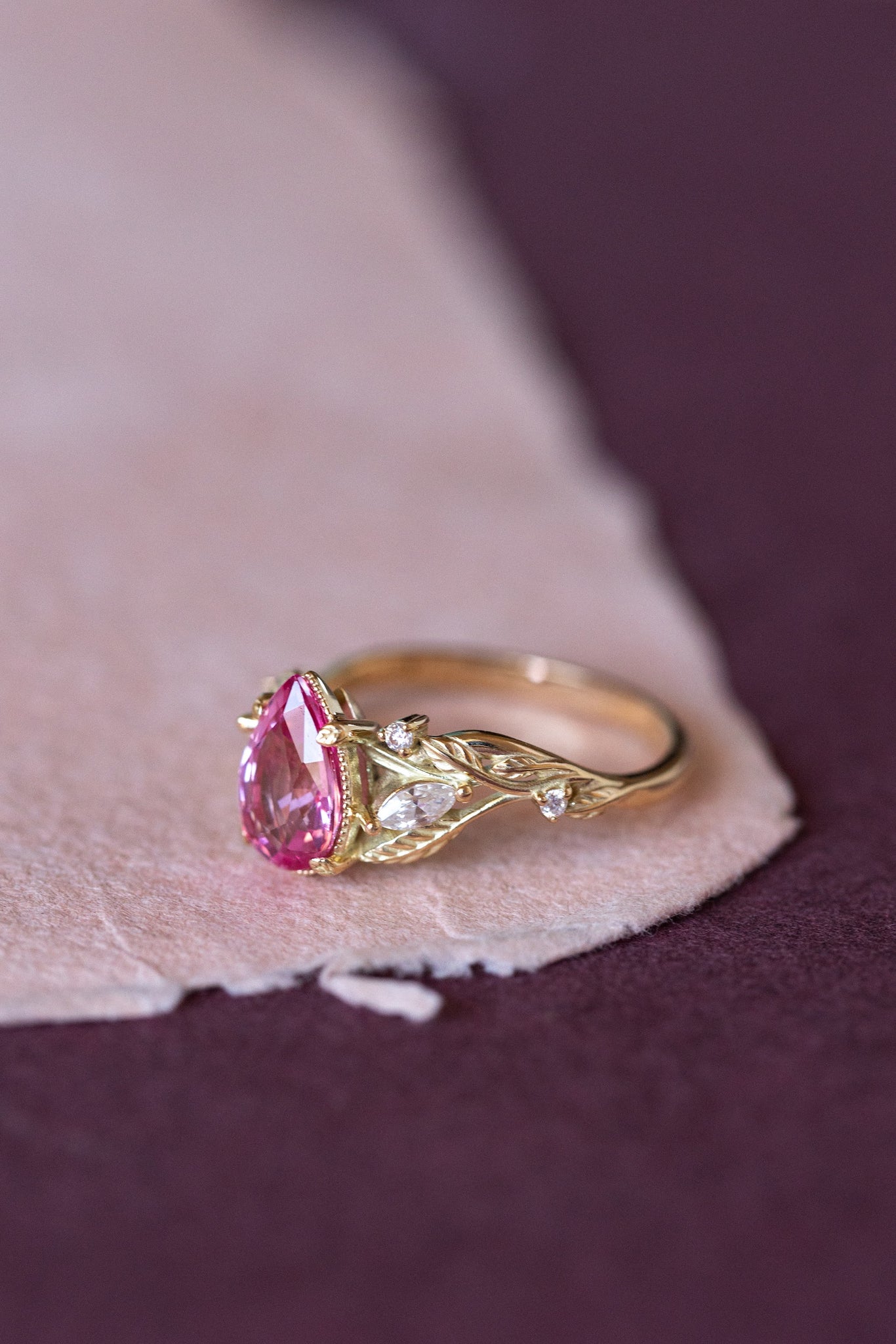 Natural pink spinel engagement ring, gold nature inspired engagement ring with leaves and diamonds / Patricia - Eden Garden Jewelry™