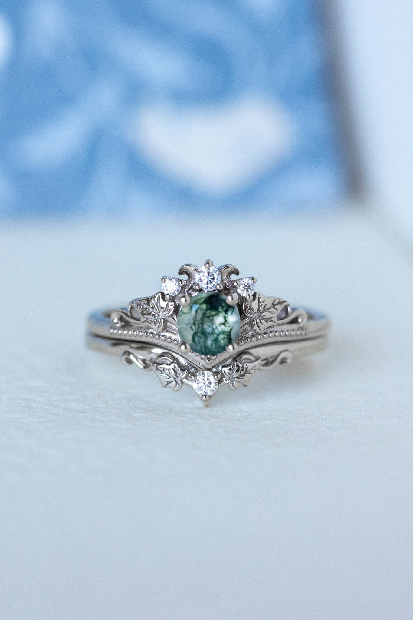 READY TO SHIP: Ariadne bridal ring set in 14K or 18K white gold, natural moss agate 5 mm, accents moissanites, AVAILABLE RING SIZES: 6-11US - Eden Garden Jewelry™