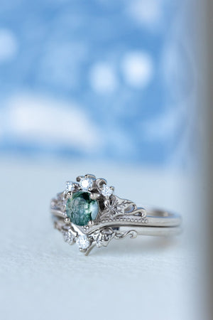 Round moss agate bridal ring set, diamond tiara rings / Ariadne - Eden Garden Jewelry™