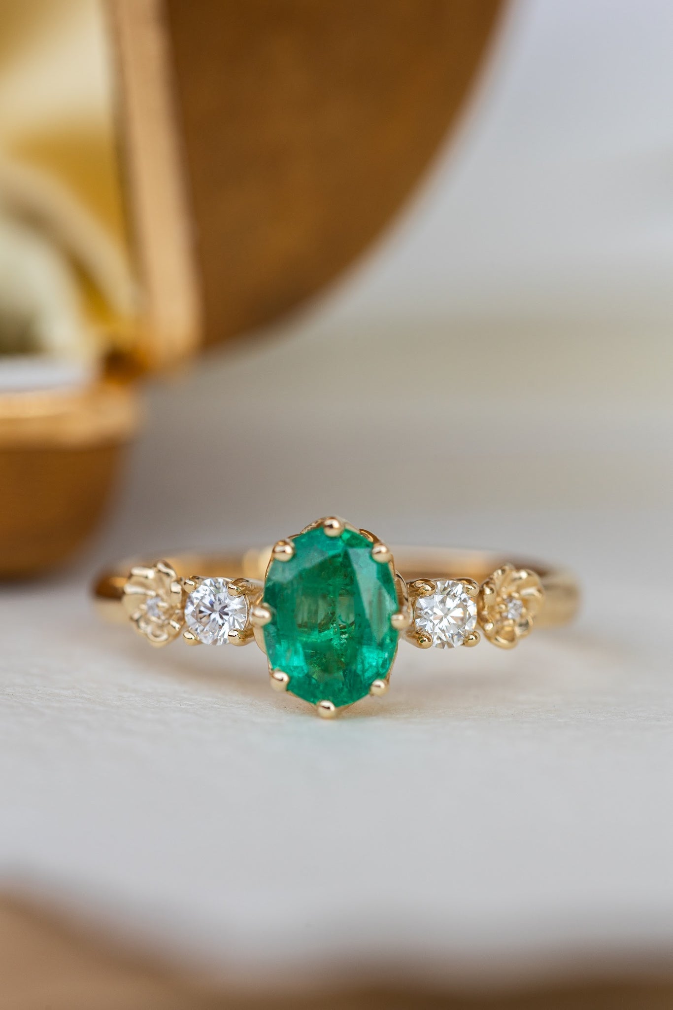 Natural oval emerald engagement ring, flower engagement ring with diamonds / Fiorella - Eden Garden Jewelry™