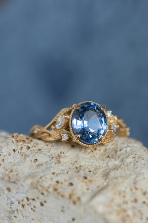 Natural blue sapphire engagement ring, gold leaves and diamonds promise ring / Patricia - Eden Garden Jewelry™