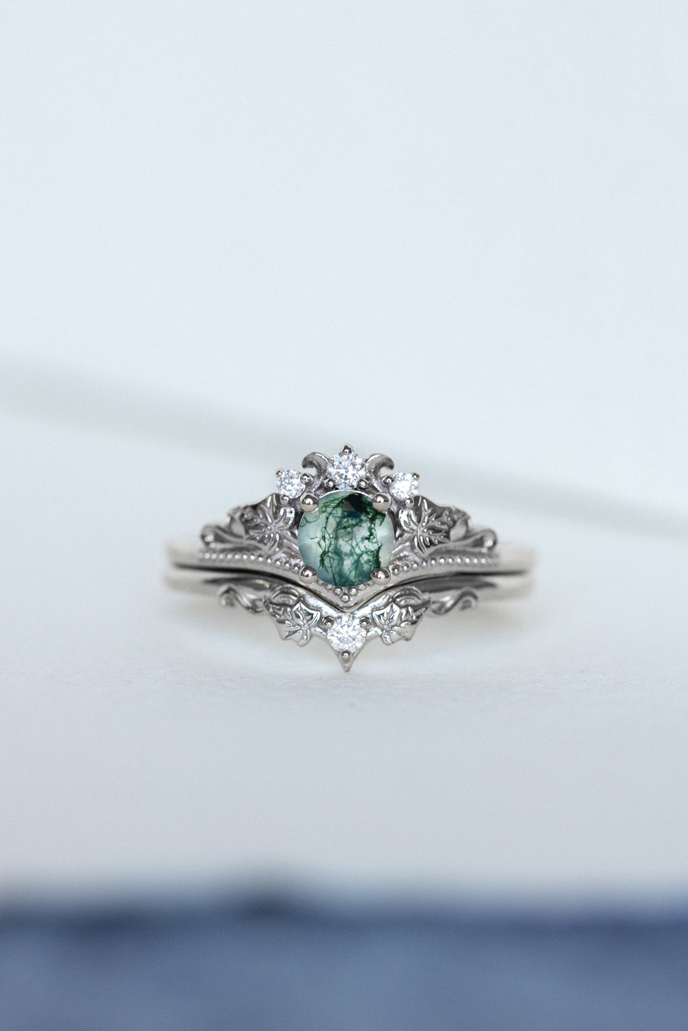 Round moss agate bridal ring set, diamond tiara rings / Ariadne - Eden Garden Jewelry™