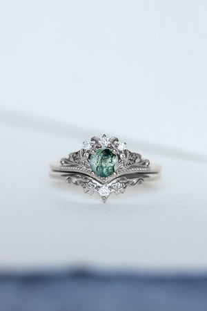 Round moss agate bridal ring set, diamond tiara rings / Ariadne - Eden Garden Jewelry™