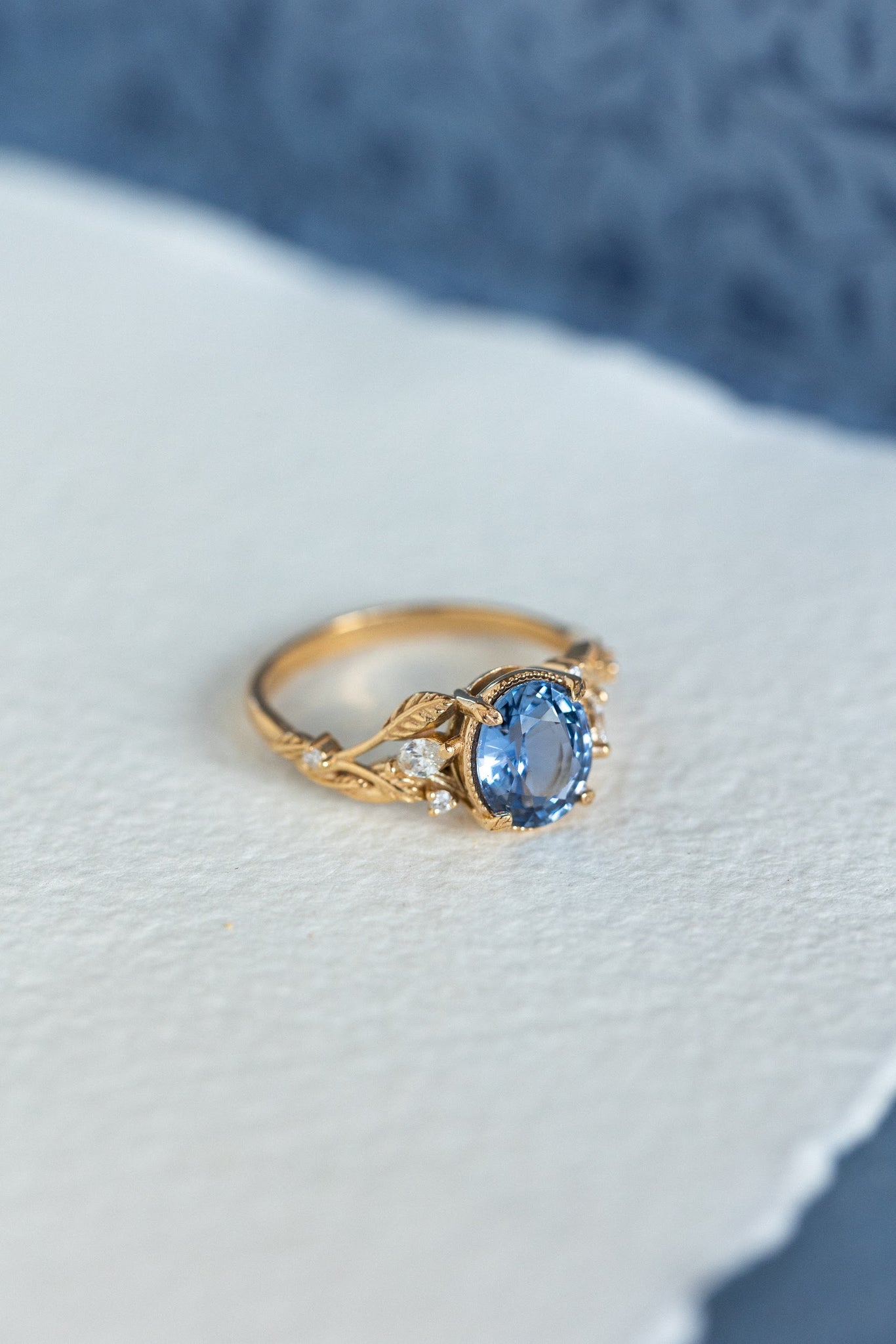 Natural blue sapphire engagement ring, gold leaves and diamonds promise ring / Patricia - Eden Garden Jewelry™