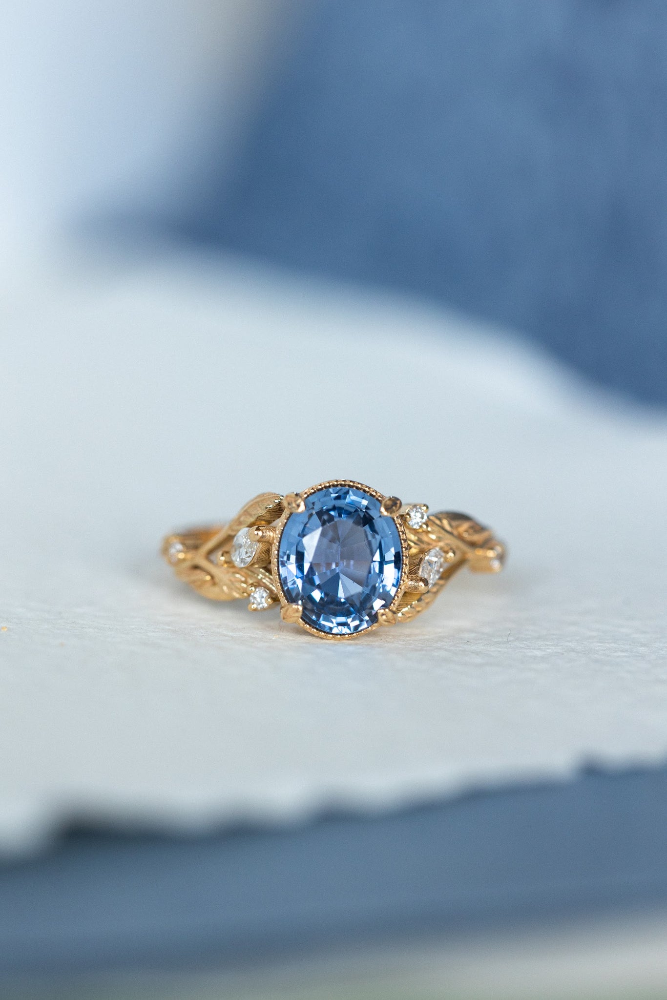 Light blue sapphire bridal ring set, gold branch engagement ring with diamonds / Patricia - Eden Garden Jewelry™