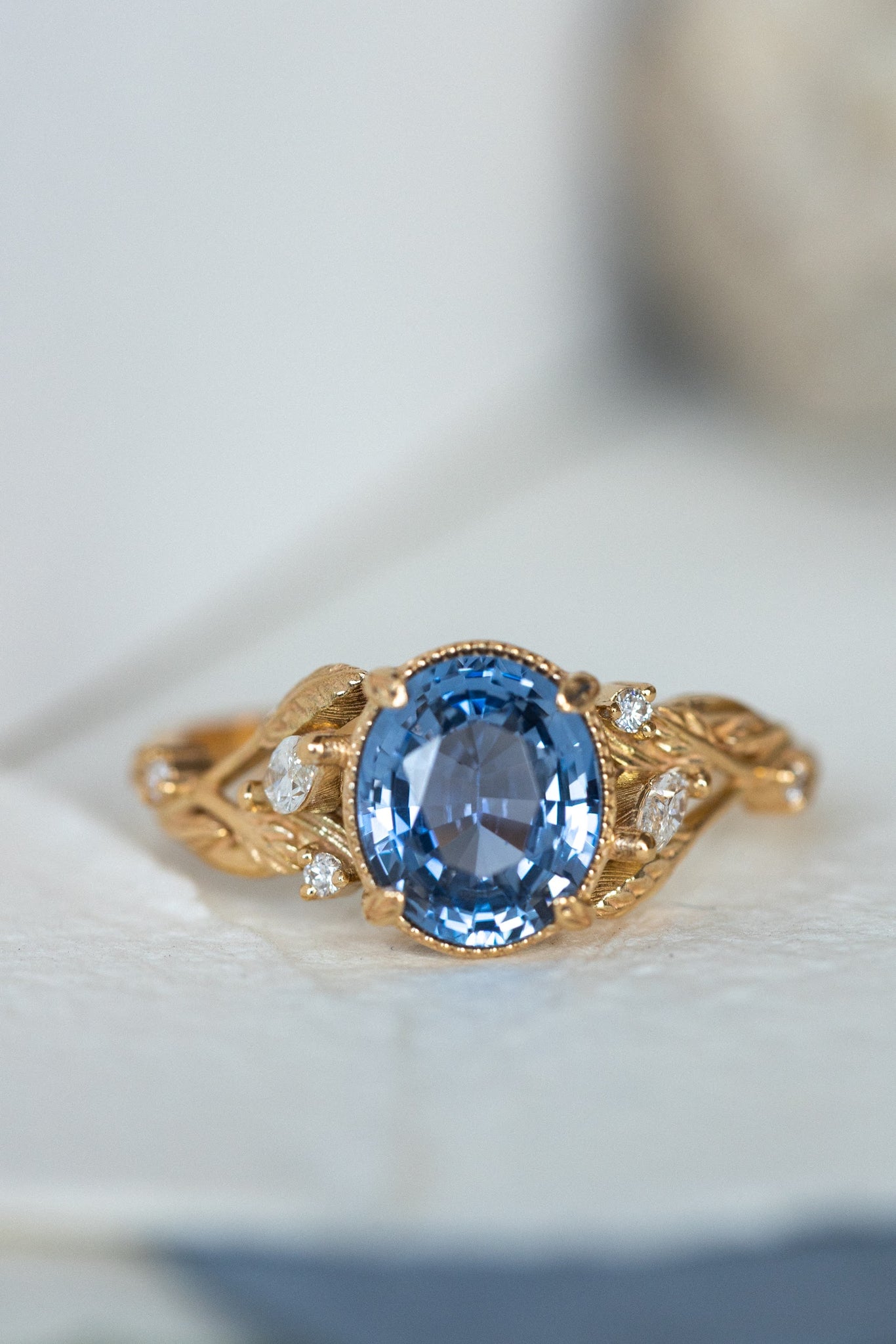 Natural blue sapphire engagement ring, gold leaves and diamonds promise ring / Patricia - Eden Garden Jewelry™