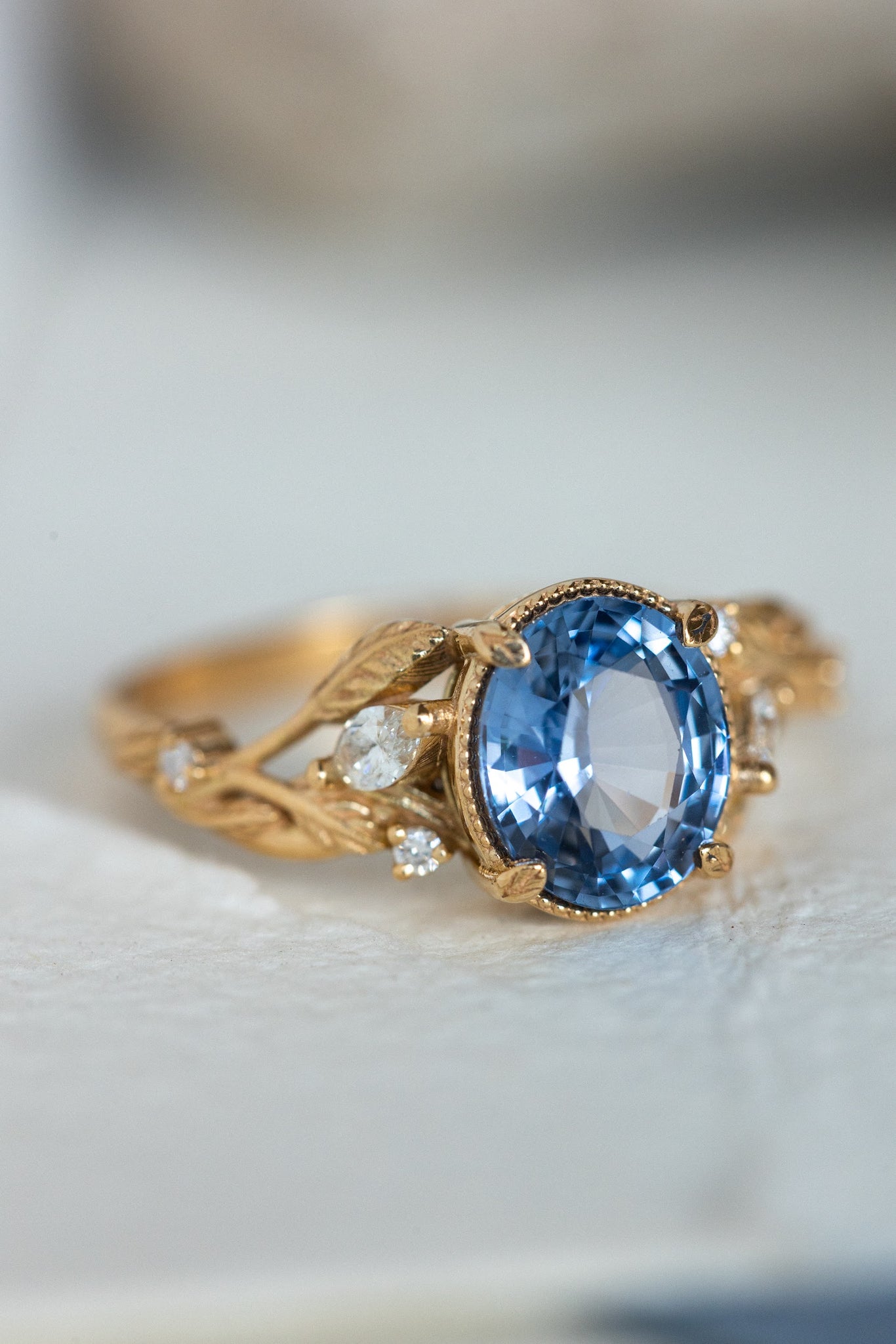 Natural blue sapphire engagement ring, gold leaves and diamonds promise ring / Patricia - Eden Garden Jewelry™