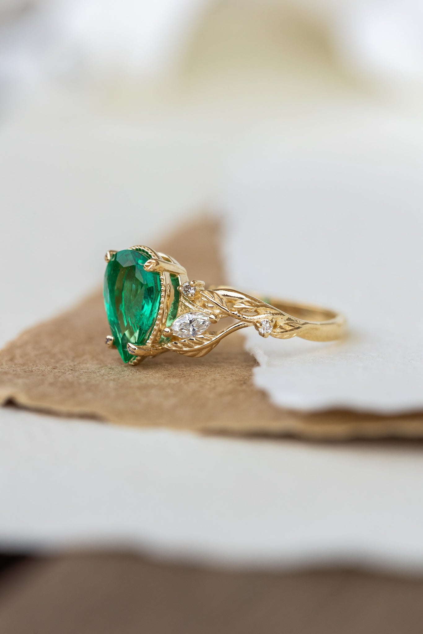 Big pear natural emerald engagement ring, gold nature inspired promise ring / Patricia - Eden Garden Jewelry™