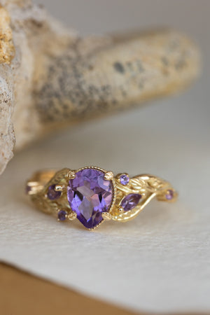 Amethyst engagement ring, gold vines and leaves proposal ring / Patricia - Eden Garden Jewelry™