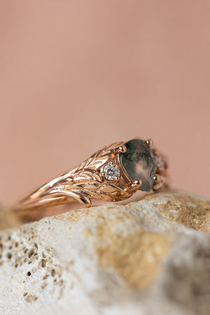 One of a kind moss agate engagement ring, rose gold engagement ring with accent diamonds / Wisteria - Eden Garden Jewelry™