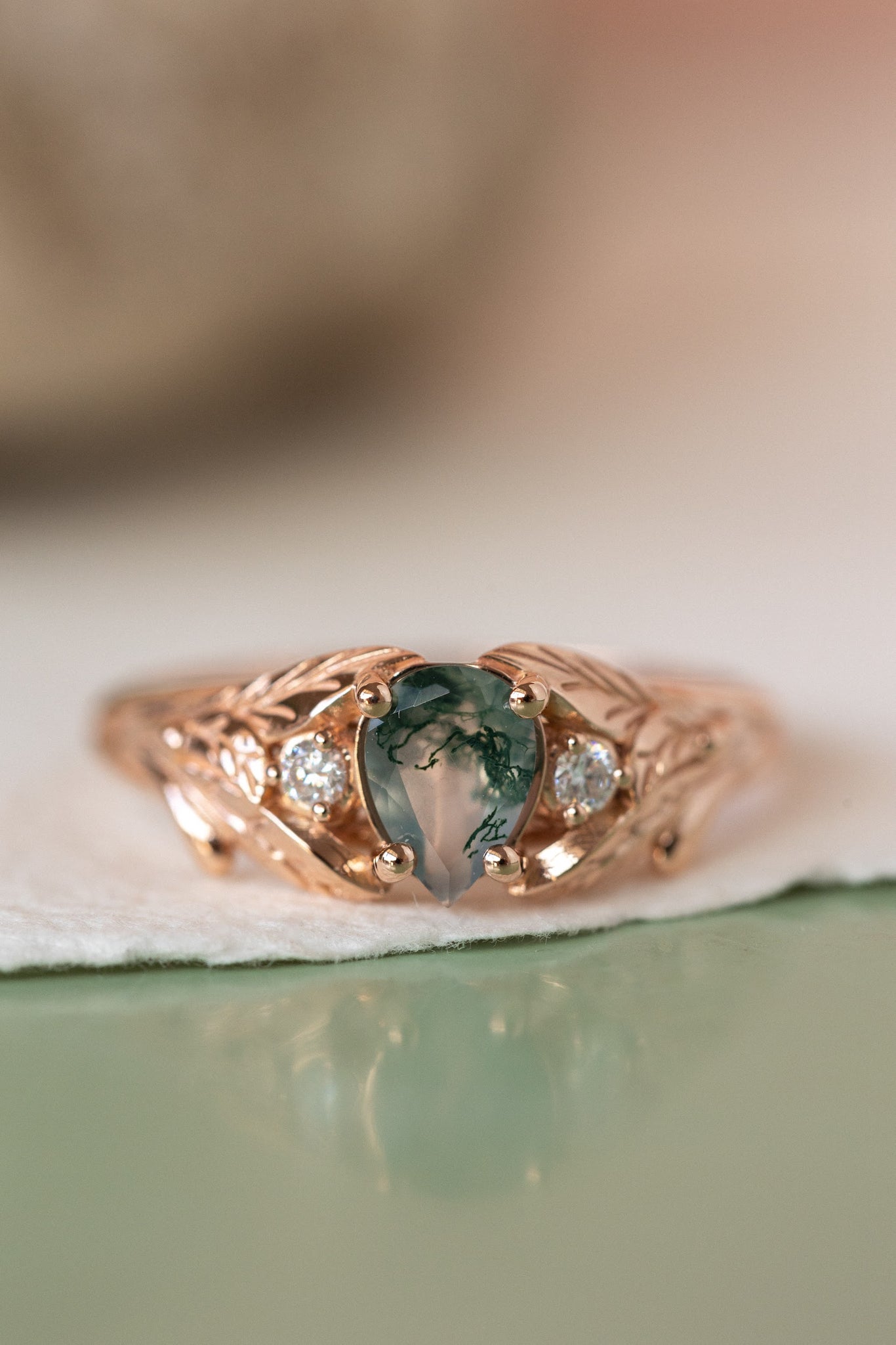 One of a kind moss agate engagement ring, rose gold engagement ring with accent diamonds / Wisteria - Eden Garden Jewelry™