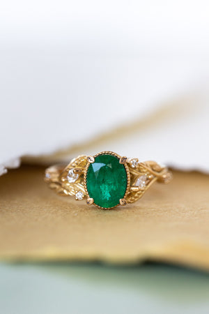 Natural emerald and diamonds engagement ring, gold nature inspired engagement ring / Patricia - Eden Garden Jewelry™