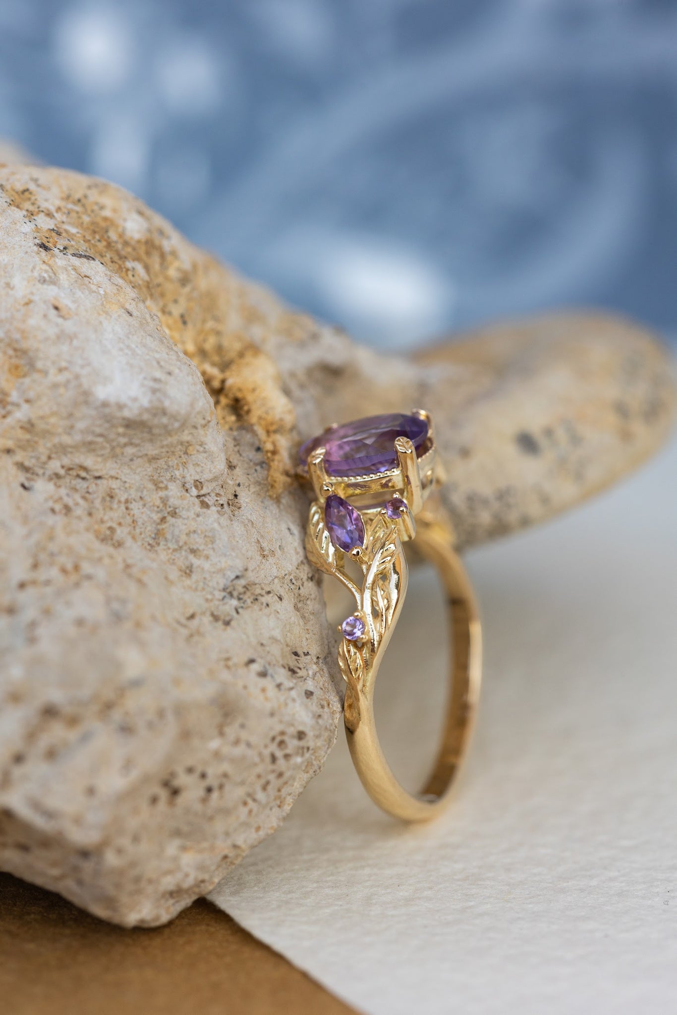 Amethyst engagement ring, gold vines and leaves proposal ring / Patricia - Eden Garden Jewelry™