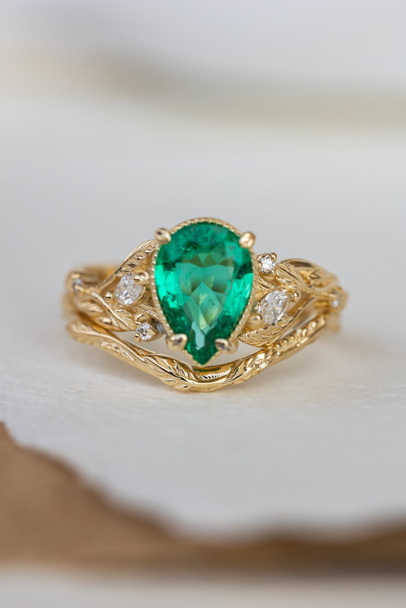 Big pear natural emerald engagement ring, gold nature inspired promise ring / Patricia - Eden Garden Jewelry™