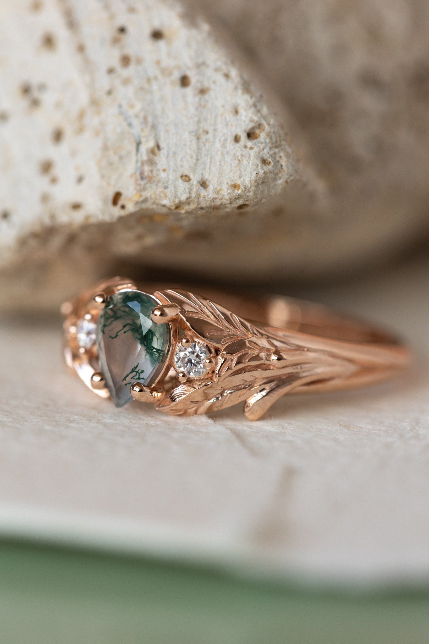 One of a kind moss agate engagement ring, rose gold engagement ring with accent diamonds / Wisteria - Eden Garden Jewelry™