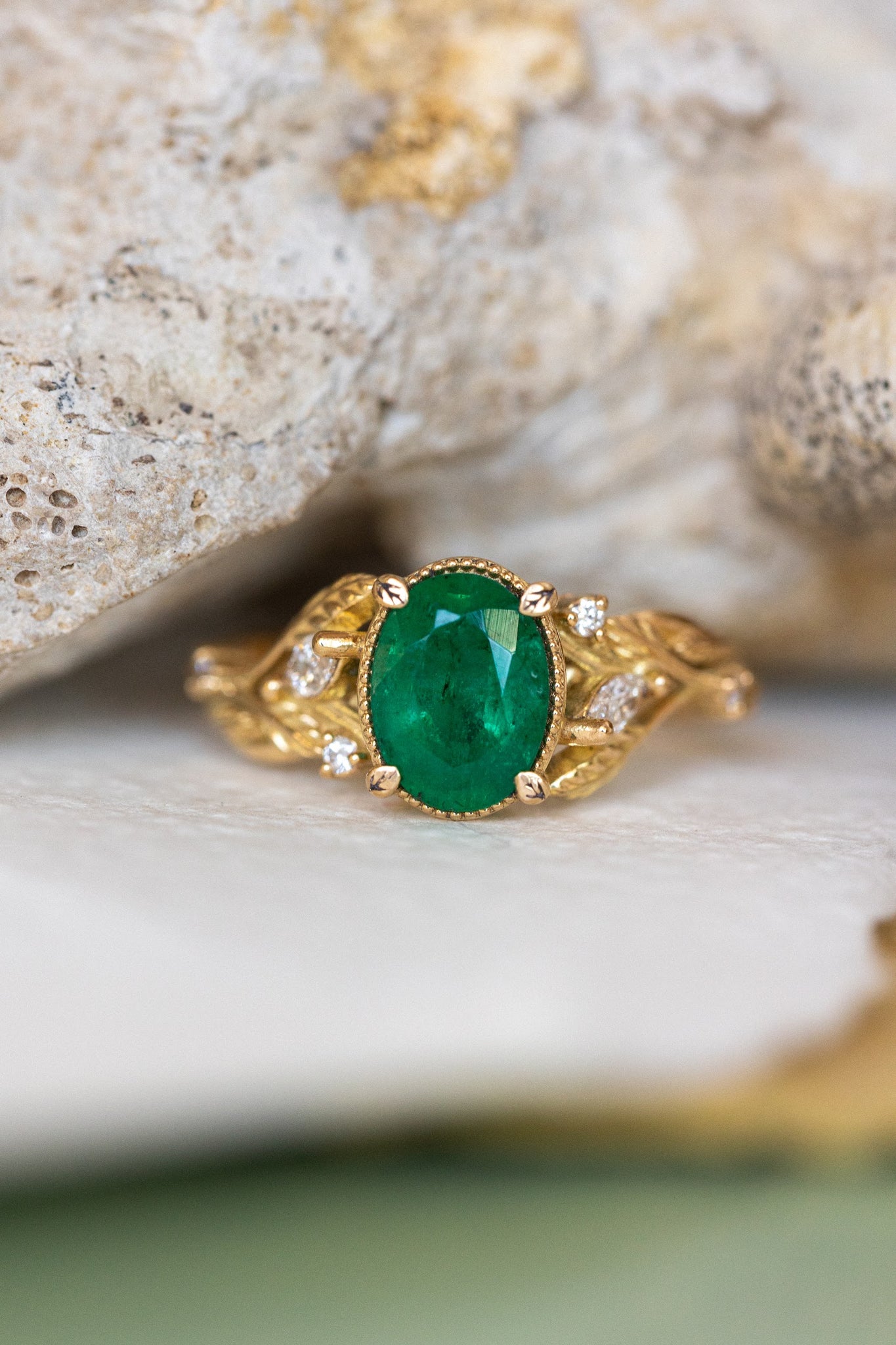 Natural emerald and diamonds engagement ring, gold nature inspired engagement ring / Patricia - Eden Garden Jewelry™