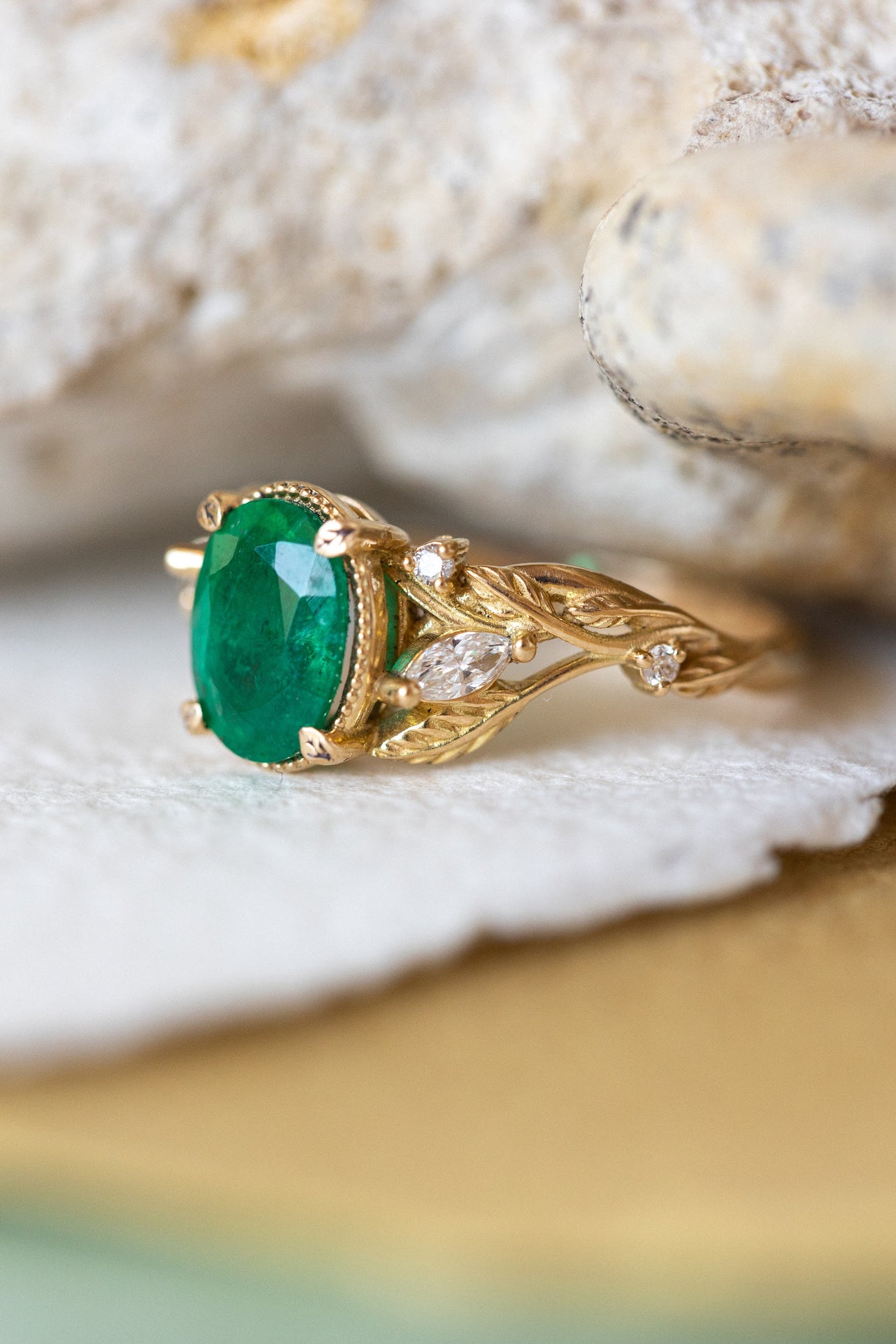 Natural emerald and diamonds engagement ring, gold nature inspired engagement ring / Patricia - Eden Garden Jewelry™