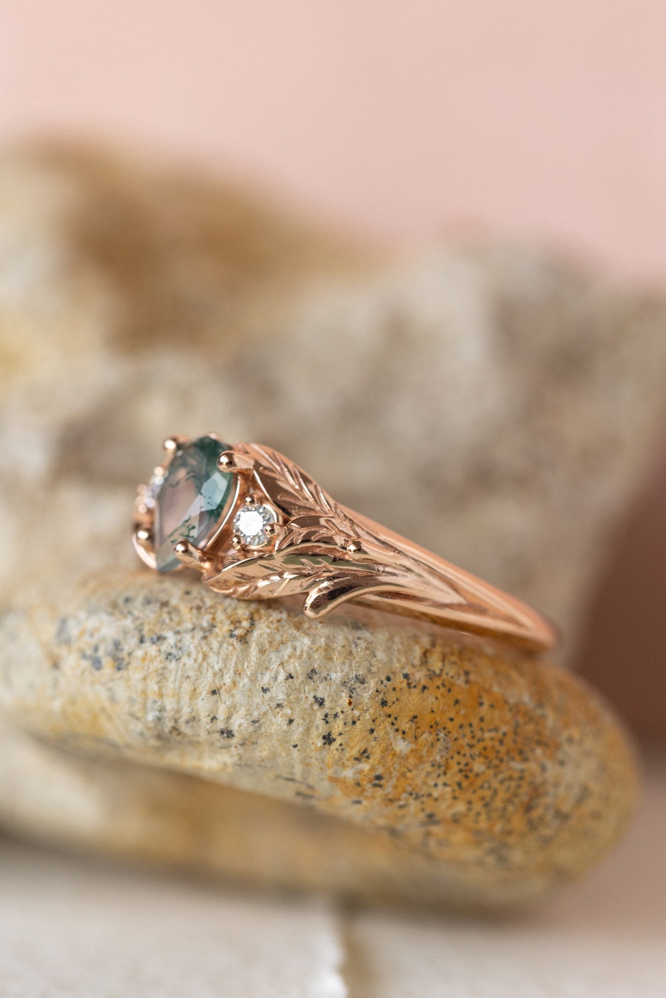 One of a kind moss agate engagement ring, rose gold engagement ring with accent diamonds / Wisteria - Eden Garden Jewelry™