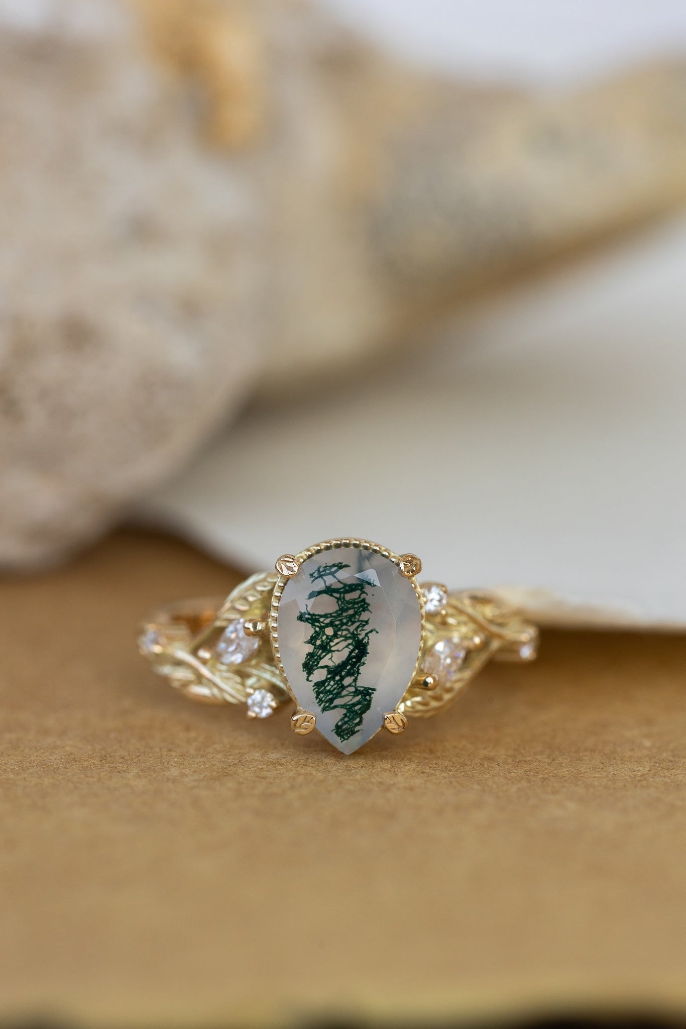 Big moss agate engagement ring, gold branch proposal ring with accent diamonds / Patricia - Eden Garden Jewelry™