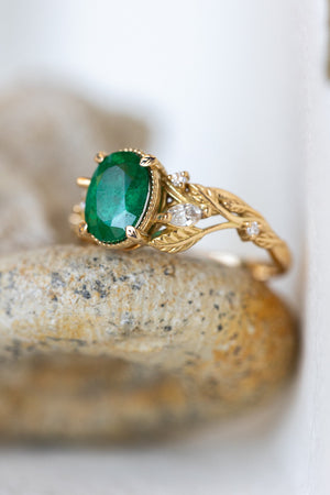 Natural emerald and diamonds engagement ring, gold nature inspired engagement ring / Patricia - Eden Garden Jewelry™