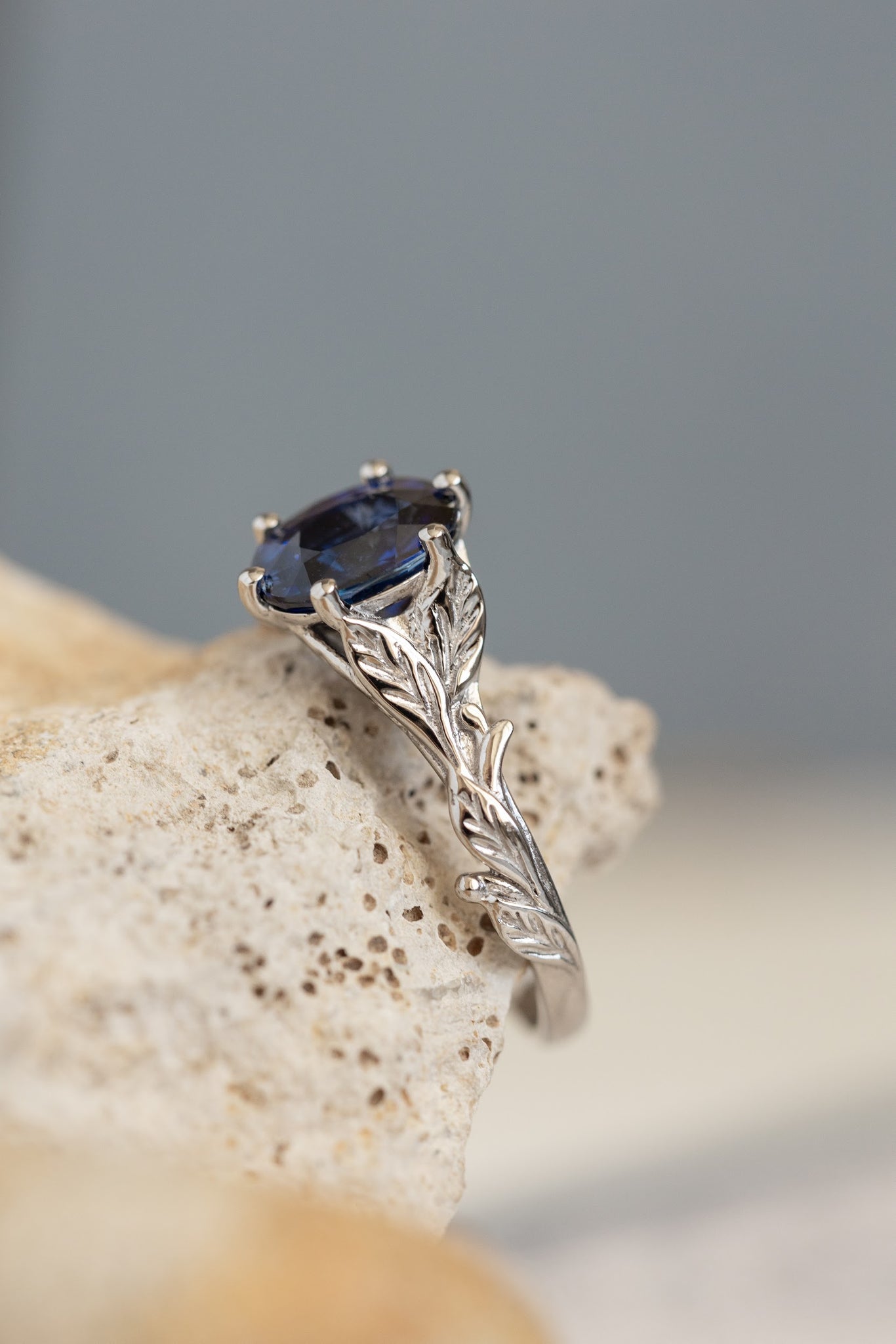 READY TO SHIP: Freesia in 14K white gold, oval cut natural blue sapphire, AVAILABLE RING SIZES: 6-8 US - Eden Garden Jewelry™