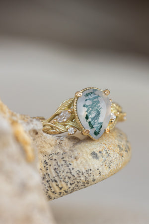 Big moss agate engagement ring, gold branch proposal ring with accent diamonds / Patricia - Eden Garden Jewelry™