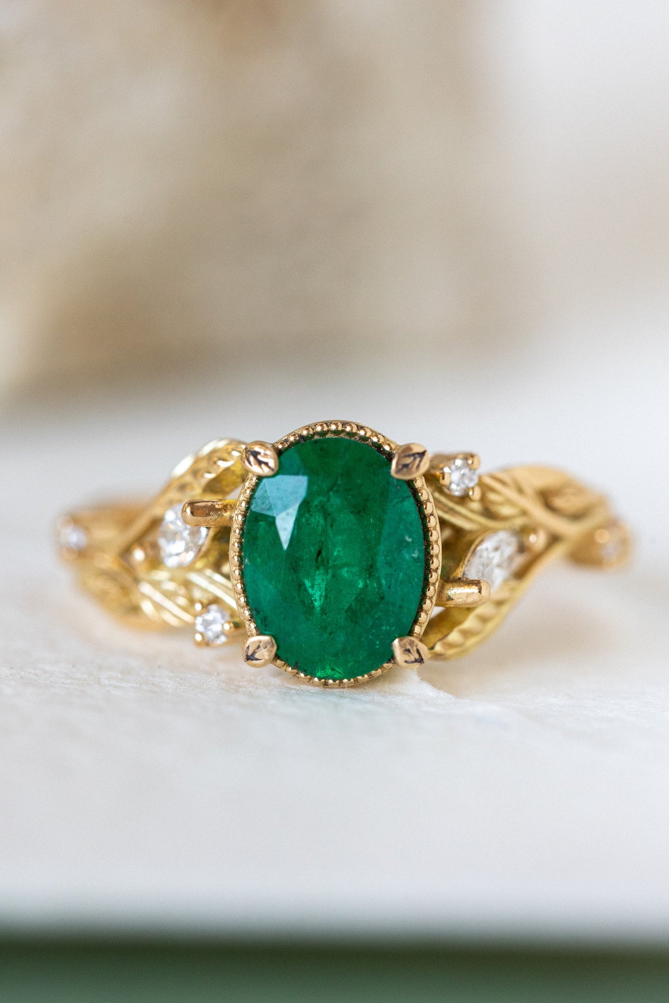 Natural emerald and diamonds engagement ring, gold nature inspired engagement ring / Patricia - Eden Garden Jewelry™