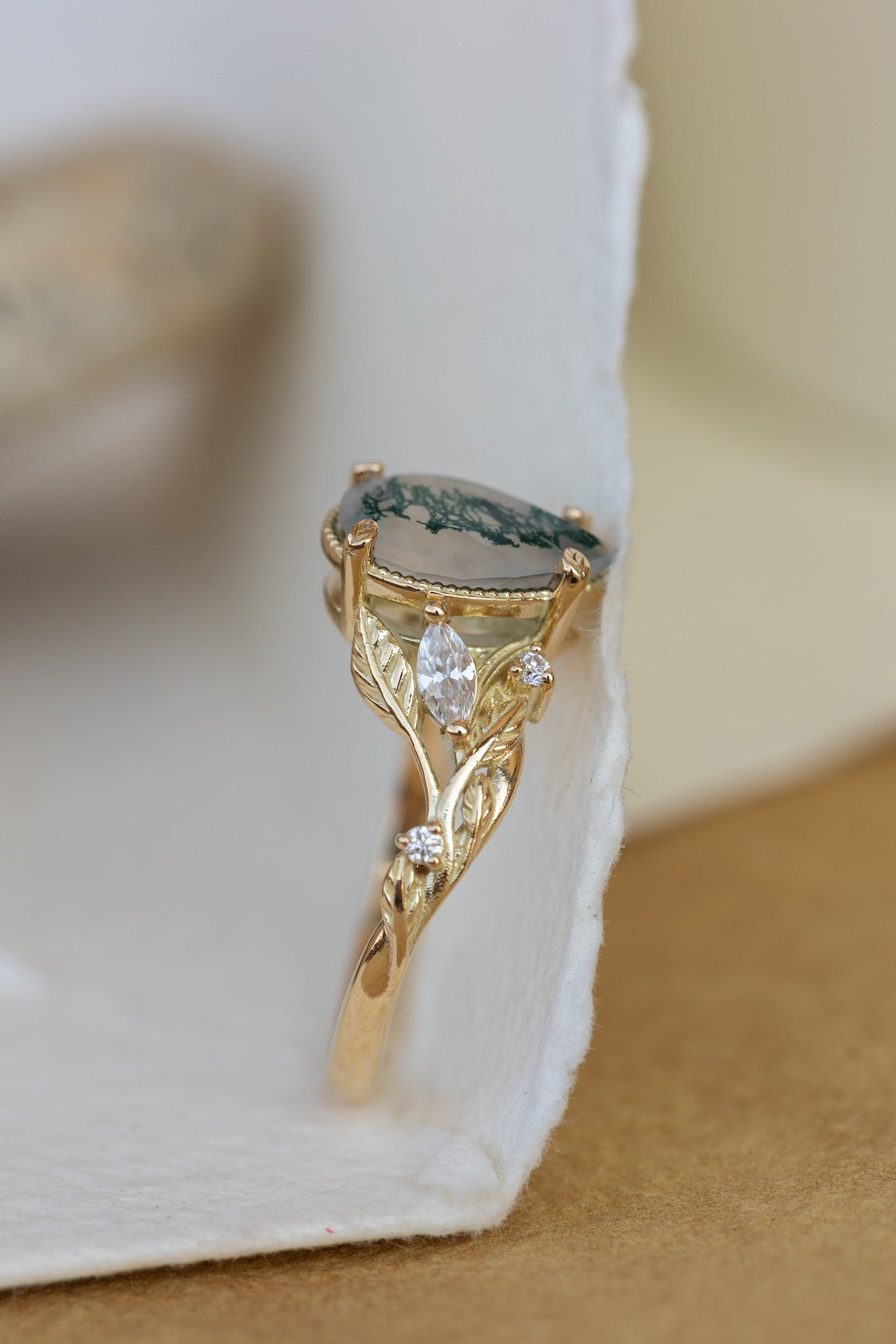 Big moss agate engagement ring, gold branch proposal ring with accent diamonds / Patricia - Eden Garden Jewelry™