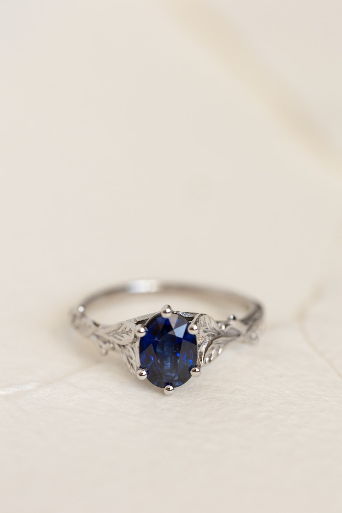 READY TO SHIP: Freesia in 14K white gold, oval cut natural blue sapphire, AVAILABLE RING SIZES: 6-8 US - Eden Garden Jewelry™