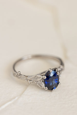 READY TO SHIP: Freesia in 14K white gold, oval cut natural blue sapphire, AVAILABLE RING SIZES: 6-8 US - Eden Garden Jewelry™