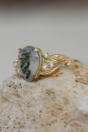 Big moss agate engagement ring, gold branch proposal ring with accent diamonds / Patricia - Eden Garden Jewelry™