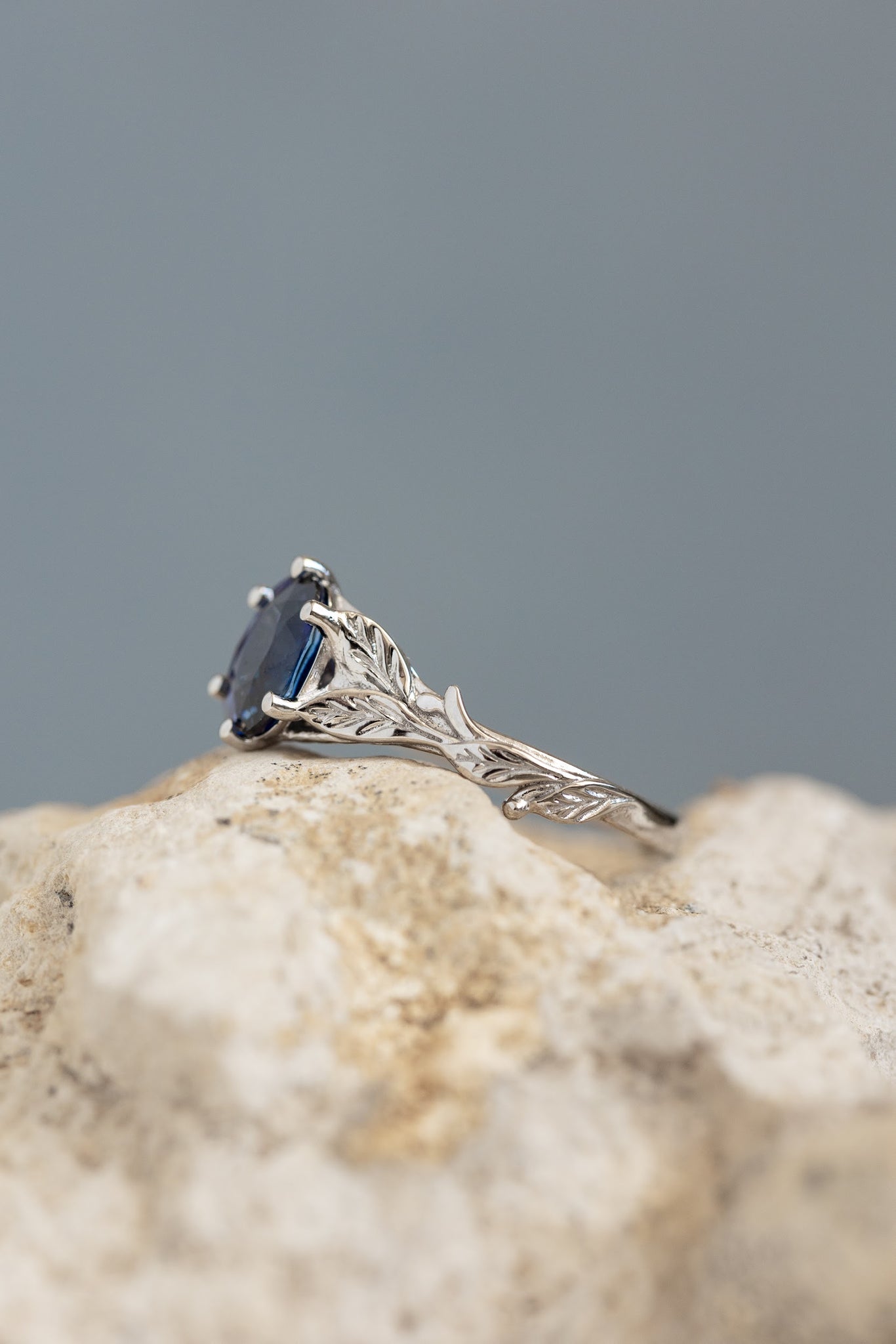 READY TO SHIP: Freesia in 14K white gold, oval cut natural blue sapphire, AVAILABLE RING SIZES: 6-8 US - Eden Garden Jewelry™