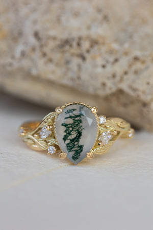 Big moss agate engagement ring, gold branch proposal ring with accent diamonds / Patricia - Eden Garden Jewelry™