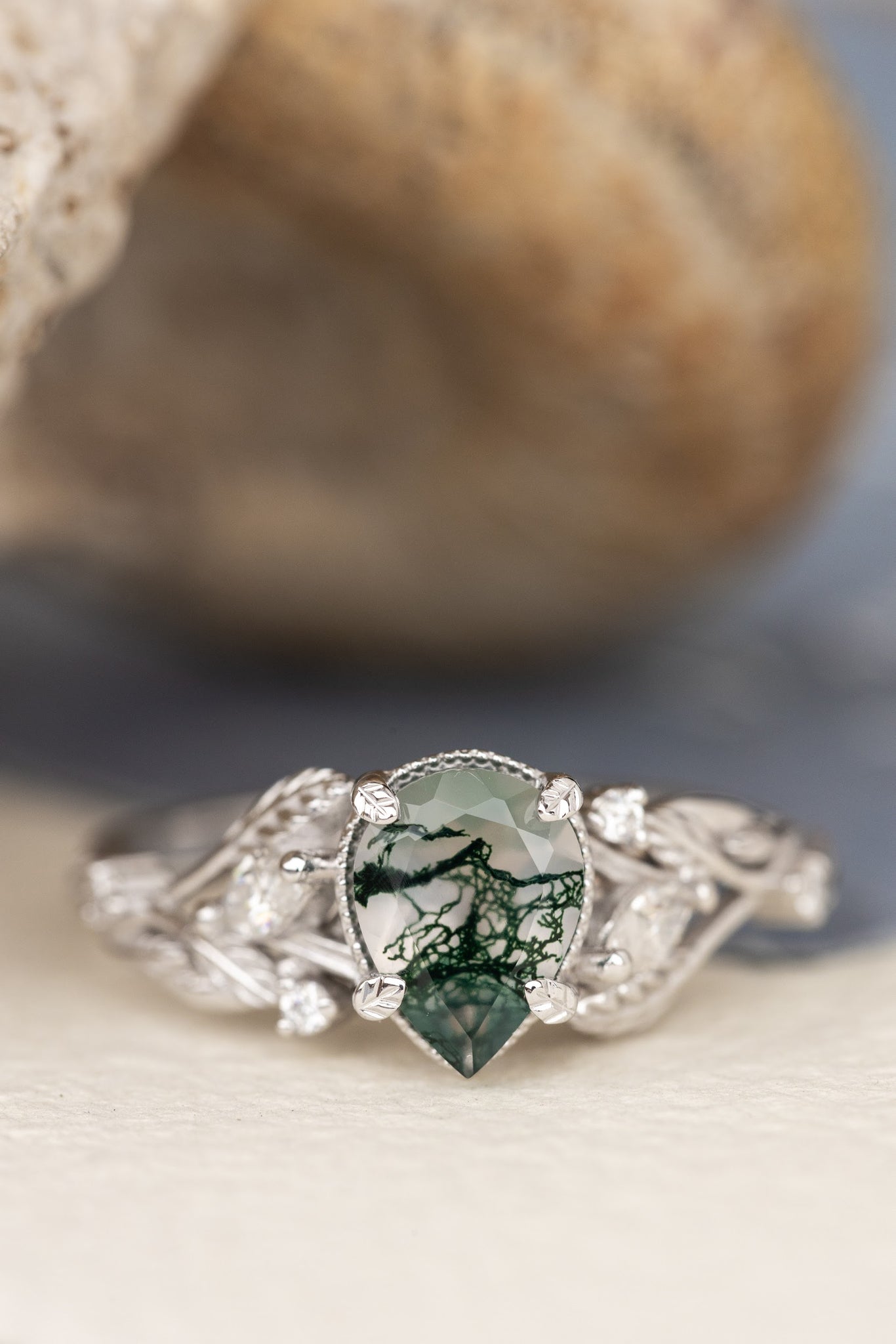 One of a kind moss agate engagement ring set, white gold twig stacking rings with diamonds / Patricia - Eden Garden Jewelry™