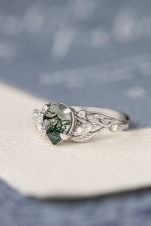 Unique moss agate engagement ring with diamonds, nature themed leaves and diamonds ring / Patricia - Eden Garden Jewelry™