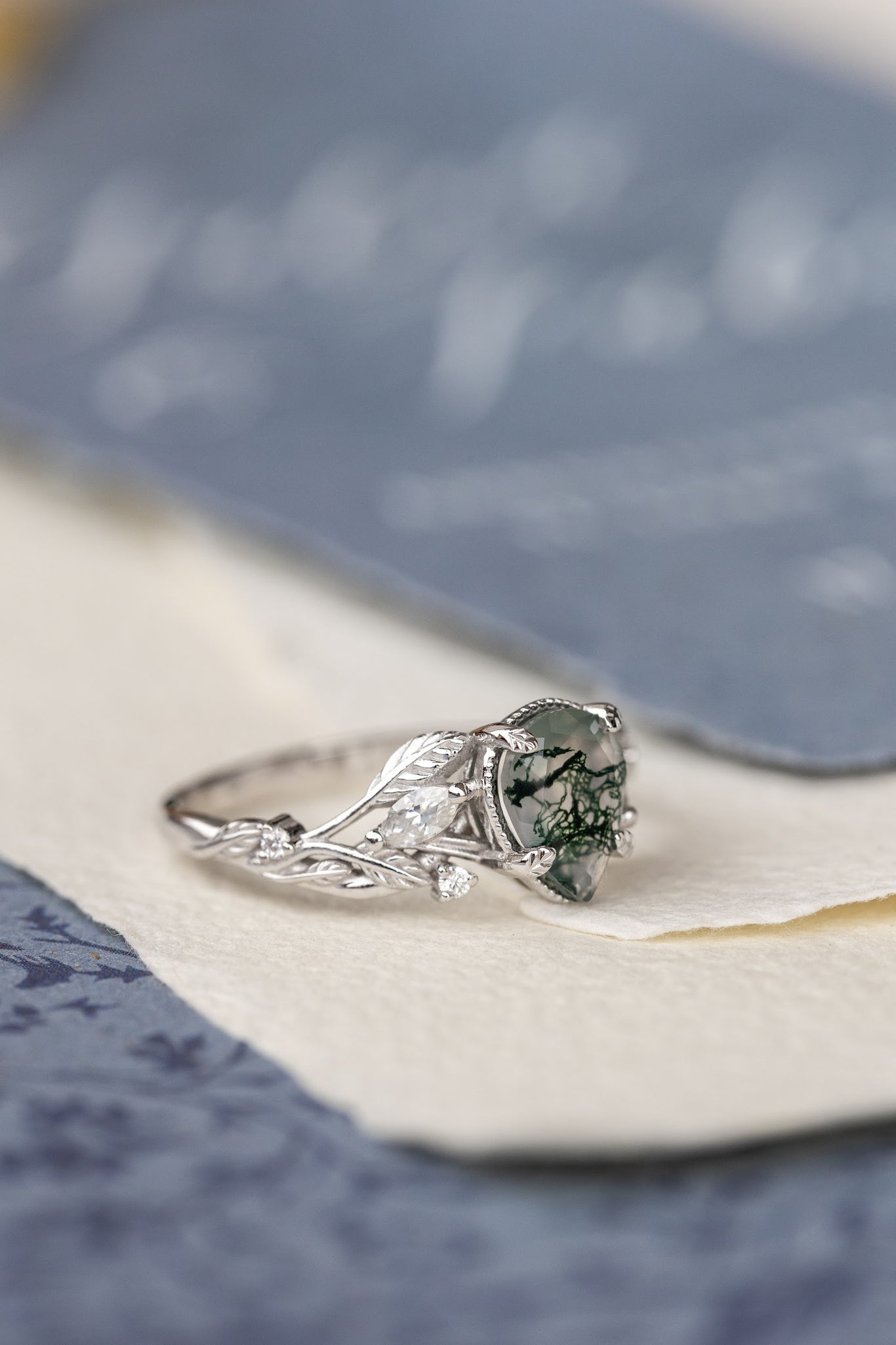 Unique moss agate engagement ring with diamonds, nature themed leaves and diamonds ring / Patricia - Eden Garden Jewelry™