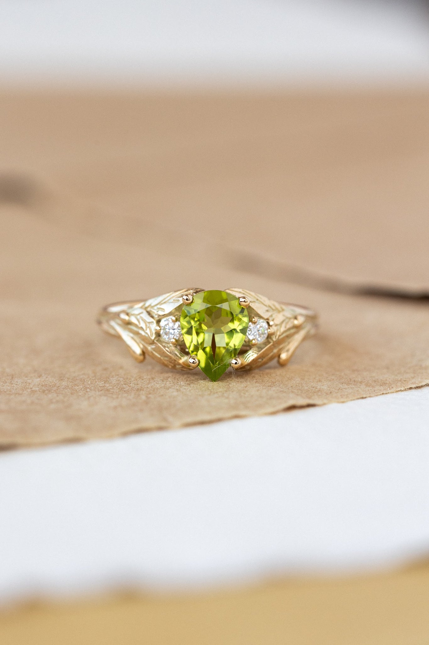 Peridot engagement ring, nature inspired gold ring with side diamonds / Wisteria - Eden Garden Jewelry™