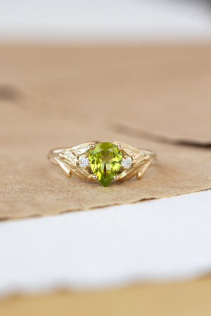 Peridot engagement ring, nature inspired gold ring with side diamonds / Wisteria - Eden Garden Jewelry™